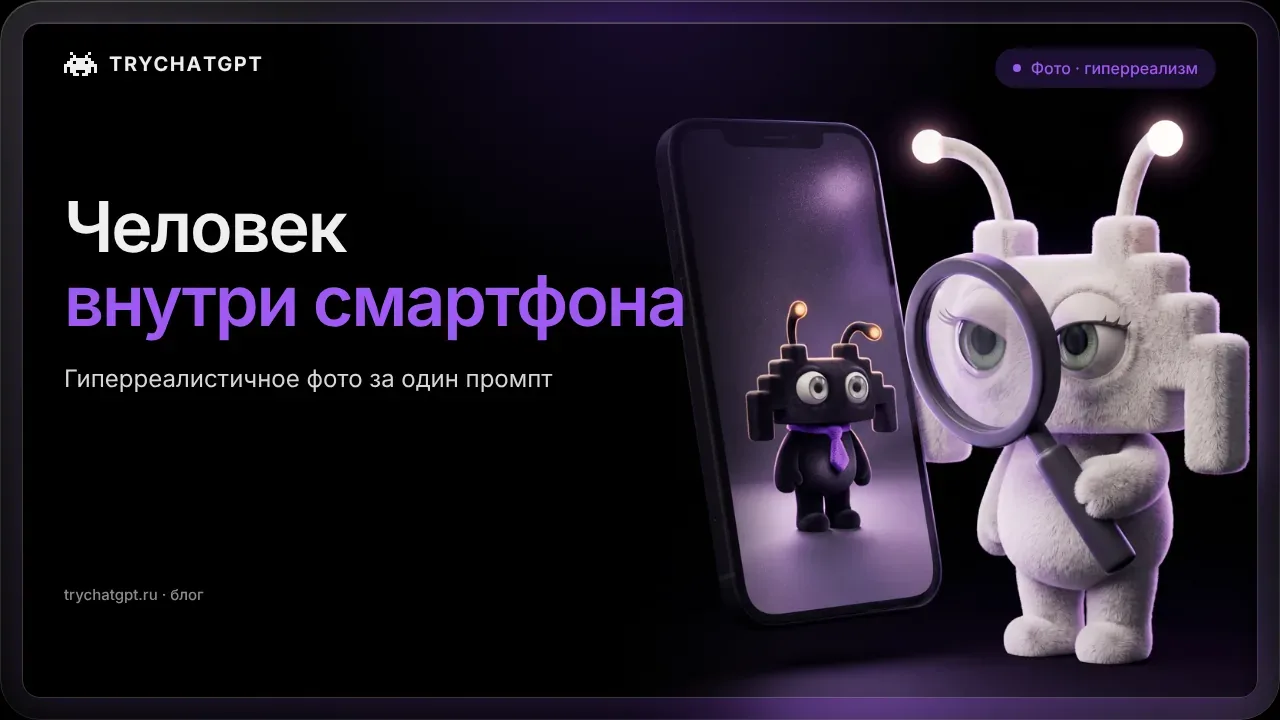 Создайте гиперреалистичное фото: человек внутри смартфона с ИИ